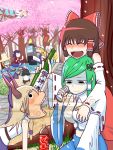  6+girls alcohol breath burp cherry_blossoms commentary_request drunk forest groping hakurei_reimu highres ibuki_suika instrument karaoke kochiya_sanae lily_white moriya_suwako multiple_girls nature okahi outdoors tagme tambourine touhou tree yakumo_ran yakumo_yukari yasaka_kanako 