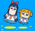  2girls :3 bkub blue_background bow hair_bow long_hair looking_at_viewer multiple_girls payot pipimi poptepipic popuko school_uniform serafuku simple_background two_side_up 