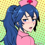  1girl akairiot alternate_hairstyle blue_eyes blue_hair blush fire_emblem fire_emblem:_kakusei hat heart heart_background long_hair looking_back lucina nurse nurse_cap open_mouth ponytail solo tiara 