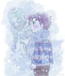  aki_epiko chibi child hierophant_green jojo_no_kimyou_na_bouken kakyouin_noriaki limited_palette scarf snowflakes stand_(jojo) winter_clothes younger 