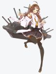  1girl armpits brown_hair detached_sleeves grey_eyes hair_ornament hairband happy highres kantai_collection katsuragi_(osaka8o2) kongou_(kantai_collection) long_hair looking_at_viewer simple_background skirt smile solo standing tagme thigh-highs thighs 