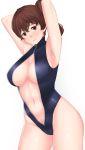  1girl armpits arms_up brown_eyes brown_hair franham front_zipper_swimsuit highres kaga_(kantai_collection) kantai_collection one-piece_swimsuit short_hair side_ponytail smile swimsuit 