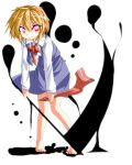  &gt;:) 1girl barefoot bending_forward darkness ex-rumia highres red_eyes ribbon rumia scythe shirt short_hair skirt smile solo touhou vest weapon you_shugyouchuu 