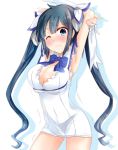  1girl armpits arms_up blue_eyes blue_hair blush bow breasts cleavage dress dungeon_ni_deai_wo_motomeru_no_wa_machigatteiru_darou_ka glove_removed gloves hair_bow hestia_(danmachi) large_breasts long_hair looking_at_viewer one_eye_closed ram_hachimin short_dress sleeveless sleeveless_dress solo stretch thighs twintails very_long_hair white_dress white_gloves 