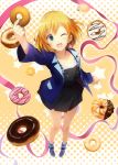  1girl blonde_hair blue_eyes blush collarbone doughnut food highres holding jas_(annkoromochi) looking_at_viewer miyamori_aoi one_eye_closed open_mouth ribbon shirobako shoes short_hair socks solo 