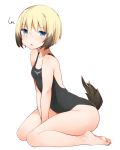  1girl between_legs blonde_hair blue_eyes bob_cut brown_hair chestnut_mouth collarbone covered_navel dog_tail erica_hartmann kinakomoti multicolored_hair one-piece_swimsuit open_mouth short_hair simple_background sitting solo strike_witches swimsuit tail two-tone_hair white_background 