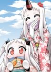  2girls ^_^ alternate_hairstyle blush carrot claws closed_eyes flower hair_ornament horn horns japanese_clothes kantai_collection kimono multiple_girls northern_ocean_hime pale_skin red_eyes scarf seaport_hime sheep shinkaisei-kan twintails white_hair yamato_nadeshiko 