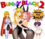  4girls ;d angel animal_ears armor ass bare_shoulders blonde_hair blush breasts bunny_black bunny_girl bunny_tail bunnysuit cape copyright_name curly_hair detached_collar fake_animal_ears filiane_(bunny_black) greaves green_eyes grin head_wings horns hug karukaru knight kozelotte laughing long_hair marialis_(bunny_black) multiple_girls musical_note one_eye_closed open_mouth pantyhose pink_hair pointy_ears purple_hair rabbit_ears shia_(bunny_black) short_hair simple_background smile sparkle tail whistling white_background wrist_cuffs yellow_eyes 