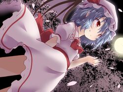  1girl blue_hair cherry_blossoms dress fang_out full_moon mob_cap moon natsu_no_koucha petals red_eyes remilia_scarlet short_hair smile touhou 