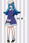  1girl :p beret blue_dress blue_eyes blue_hair blush boots character_name dress english eyelashes fashion happinesscharge_precure! happy hat kagami_chihiro long_hair looking_at_viewer precure shirayuki_hime smile solo standing striped striped_background tongue tongue_out 