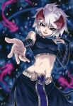  1girl bare_shoulders blue_eyes detached_sleeves duel_monster fangs hair_ornament isolde_belle_of_the_underworld looking_at_viewer midriff nasubino navel pointy_ears reaching_out short_hair smile solo white_hair yuu-gi-ou 