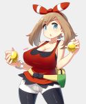  1girl bike_shorts blue_eyes blueberry_(5959) blush breasts brown_hair fanny_pack hair_ribbon haruka_(pokemon) haruka_(pokemon)_(remake) highres huge_breasts large_breasts looking_at_viewer open_mouth pokemon pokemon_(game) pokemon_oras ribbon shirt short_hair shorts simple_background sleeveless sleeveless_shirt solo two_side_up 