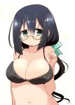  1girl black_bra black_hair blush bra breasts glasses green-framed_glasses green_eyes highres large_breasts long_hair semi-rimless_glasses shirogane_(platinum) simple_background tougou_mimori under-rim_glasses underwear white_background yuuki_yuuna_wa_yuusha_de_aru 