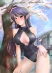  1girl black_hair breasts brown_eyes front_zipper_swimsuit haneori highres katori_(pso2) large_breasts one-piece_swimsuit phantasy_star phantasy_star_online_2 pointy_ears swimsuit 