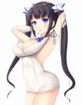  1girl armpits arms_up black_hair breasts dungeon_ni_deai_wo_motomeru_no_wa_machigatteiru_darou_ka hestia_(danmachi) highres kirimoti34 large_breasts long_hair looking_at_viewer navel parted_lips see-through simple_background solo thighs twintails very_long_hair white_background 