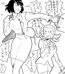  2girls 71 earrings female hoop_earrings hououmaru_rei jewelry kill_la_kill kiryuuin_satsuki monochrome multiple_girls no_glasses office_lady pencil_skirt short_hair skirt translation_request 