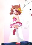  1girl animal_ears bare_shoulders bow brown_hair cat_(battle_cats) cat_ears cat_tail dress gloves hair_bow hayashiya_zankurou headset looking_back mary_janes microphone moneko_(battle_cats) nyanko_daisensou panties pantyshot pink_dress pink_eyes shoes smile strapless_dress tail thigh-highs underwear 