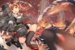  1girl aiming_at_viewer black_legwear blonde_hair blurry depth_of_field explosion fang foreshortening hair_flaps hair_ornament hair_ribbon hairclip hinauri_(nurupon) kantai_collection kneehighs looking_at_viewer messy_hair open_mouth red_eyes remodel_(kantai_collection) ribbon solo tagme torpedo yuudachi_(kantai_collection) 