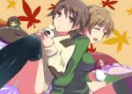  2girls blush braid breasts brown_eyes brown_hair cup em gertrud_barkhorn large_breasts leaf long_hair long_sleeves lynette_bishop maple_leaf miyafuji_yoshika multiple_girls open_mouth ribbed_sweater short_hair single_braid strike_witches sweater 