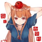  1girl animal_ears ao68 apple_on_head arms_behind_head brown_hair fang holo long_hair looking_at_viewer pouch red_apple red_eyes solo spice_and_wolf twitter_username upper_body very_long_hair white_background wide_sleeves wolf_ears 