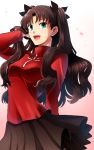  1girl absurdres brown_hair fate/stay_night fate_(series) green_eyes highres pleated_skirt shimo_(s_kaminaka) skirt solo tohsaka_rin toosaka_rin two_side_up 