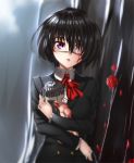  1girl another bandages black_hair blood blood_on_face bow doll doll_hug eyepatch highres hk_(hk) long_sleeves misaki_mei parted_lips petals school_uniform short_hair solo violet_eyes 