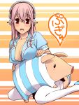 1girl animal blush breasts headphones large_breasts long_hair looking_at_viewer lowres nitroplus open_mouth pig pink_hair potato_(oriha94) red_eyes solo super_sonico thigh-highs 