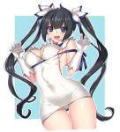  1girl black_hair blue_eyes bow breasts cleavage_cutout dress dungeon_ni_deai_wo_motomeru_no_wa_machigatteiru_darou_ka gloves hestia_(danmachi) katagiri_hachigou large_breasts long_hair looking_at_viewer open_mouth ribbon shiny shiny_skin skin_tight solo twintails white_dress white_gloves 