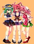  3girls bandages breasts bun_cover chinese_clothes cleavage crossed_arms cuffs double_bun flower furuyaaki green_eyes green_hair hair_bobbles hair_ornament hands_on_shoulders hat ibaraki_kasen long_hair multiple_girls one_eye_closed onozuka_komachi open_mouth pink_hair red_eyes redhead ribbon rose shiki_eiki short_hair skirt smile tabard touhou twintails 
