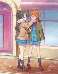  2girls blazer blue_eyes eyelashes female green_eyes green_hair hair_ornament hair_ribbon half_updo houjou_hibiki jacket kurochiroko long_hair minamino_kanade multiple_girls orange_hair ponytail precure ribbon scarf school_uniform shirt shoes skirt socks suite_precure twintails 