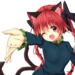  1girl animal_ears bow braid cat_ears cat_tail fang hair_bow kaenbyou_rin one_eye_closed open_mouth outstretched_hand red_eyes redhead solo tail topia touhou twin_braids white_background 