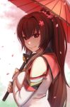  1girl bare_shoulders breasts brown_eyes brown_hair cherry_blossoms detached_sleeves flower hair_flower hair_ornament highres kantai_collection large_breasts long_hair long_sleeves looking_at_viewer nian oriental_umbrella petals ponytail shirt smile solo umbrella upper_body very_long_hair yamato_(kantai_collection) 