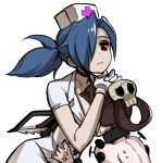  +_+ 2girls between_breasts blue_hair breast_smother breasts brown_hair carol_(skullgirls) choker expressionless female gloves hair_over_one_eye hat head_between_breasts height_difference holster large_breasts long_hair multiple_girls ng_(kimjae737) nurse nurse_cap painwheel_(skullgirls) red_eyes saw scar short_hair skullgirls valentine_(skullgirls) white_gloves 