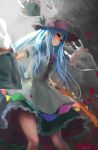  1girl blue_hair bowtie dress food fruit hat hinanawi_tenshi kachayori leaf long_hair peach puffy_sleeves red_eyes rock rope shimenawa short_sleeves solo sword_of_hisou touhou 