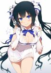  1girl black_hair blue_eyes breasts cleavage dungeon_ni_deai_wo_motomeru_no_wa_machigatteiru_darou_ka gloves hestia_(danmachi) large_breasts long_hair looking_at_viewer ogipote rei_no_himo solo twintails 