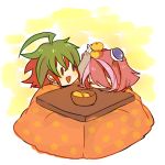  1boy 1girl food fruit hiiragi_yuzu kotatsu multicolored_hair orange pink_hair puruchino sakaki_yuuya sleeping table yuu-gi-ou yuu-gi-ou_arc-v 
