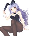  1girl animal_ears bangs black_legwear blunt_bangs blush bowtie breasts bunny_girl bunnysuit cleavage detached_collar hair_ribbon harimoji kantai_collection long_hair murakumo_(kantai_collection) pantyhose rabbit_ears red_eyes ribbon silver_hair solo sweatdrop white_background wrist_cuffs 