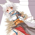 1girl albino animal_ears bdsm blush bondage bow colored covering_mouth detached_sleeves inubashiri_momiji japanese_clothes kei_kei long_sleeves looking_at_viewer lying obi on_side red_eyes sash shirt short_hair sketch skirt solo sweat tail touhou white_hair wide_sleeves wolf_ears wolf_tail 