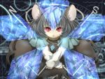  1girl animal_ears black_background brown_dress capelet crossed_arms dowsing_rod dress grey_hair jewelry long_sleeves looking_at_viewer magic_circle mike_(raven-cat-mike) mouse_ears nazrin pendant red_eyes short_hair solo touhou triangle_mouth 