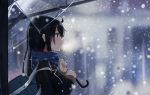  1girl black_hair blue_eyes levi9452 long_hair ribbon scarf school_uniform snow solo umbrella yahari_ore_no_seishun_lovecome_wa_machigatteiru. yukinoshita_yukino 