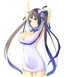  1girl 4th black_hair blue_eyes breasts cleavage dress dungeon_ni_deai_wo_motomeru_no_wa_machigatteiru_darou_ka hair_ribbon hestia_(danmachi) long_hair ribbon smile solo stretch twintails white_dress 