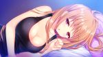  1girl ahoge bed_sheet blonde_hair blue_eyes blush breasts cleavage game_cg jewelry kino_(kino_konomi) large_breasts long_hair looking_at_viewer lying necklace on_side open_mouth pillow shinonome_setsuna shirogane_x_spirits solo tank_top 