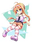  blonde_hair blue_eyes braid character_request hairband long_hair ponytail shoes shorts sneakers striped striped_legwear thigh-highs very_long_hair 