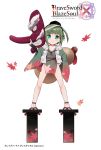  &gt;:) 1girl arm_up autumn_leaves bangs blunt_bangs blush brave_sword_x_blaze_soul collarbone company_name copyright_name covered_navel eyebrows eyebrows_visible_through_hair full_body geta gourd green_eyes green_hair hair_ribbon hand_on_hip hat highres holding japanese_clothes looking_at_viewer mask matuken1027 no_panties official_art oversized_object pom_pom_(clothes) ribbon rope short_hair simple_background smile solo standing tabi tassel teeth tengu_mask tokin_hat white_background wide_sleeves 