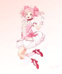  1girl blush bubble_skirt choker gloves gradient gradient_background high_heels highres inja kaname_madoka looking_at_viewer magical_girl mahou_shoujo_madoka_magica open_mouth pink_eyes pink_hair short_hair short_sleeves short_twintails small_breasts socks solo twintails white_gloves white_legwear 