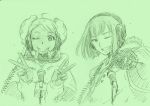  1boy 1girl bob_cut gundam gundam_g_no_reconguista headphones highres klim_nick microphone monochrome oota_tamon raraiya_monday sketch 