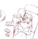  2girls annoyed bangs black_sclera breasts carol_(skullgirls) drawing_on_face eyepatch large_breasts long_hair lowres multiple_girls ng_(kimjae737) painwheel_(skullgirls) parted_bangs pen skullgirls sleeping slippers trash_bag valentine_(skullgirls) 