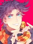  1boy blue_eyes fingerless_gloves gloves heart heart_hands huolou jojo_no_kimyou_na_bouken joseph_joestar_(young) purple_hair scarf solo 