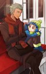  2boys archer blue_hair child coat dark_skin fate/stay_night fate_(series) gloves grey_hair highres lancer mittens multiple_boys scarf shimo_(s_kaminaka) time_paradox train winter_clothes yellow_eyes 