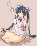  1girl black_hair breasts cleavage closed_eyes dress dungeon_ni_deai_wo_motomeru_no_wa_machigatteiru_darou_ka gloves hestia_(danmachi) long_hair ribbon solo stretch tears thomasz twintails 